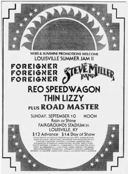 Poster for WLRS and Sunshine Promotions’ Louisville Summer Jam II featuring Foreigner, the Steve Miller Band, REO Speedwagon, Thin Lizzy and Roadmaster at Fairgrounds Stadium on September 10, 1978.