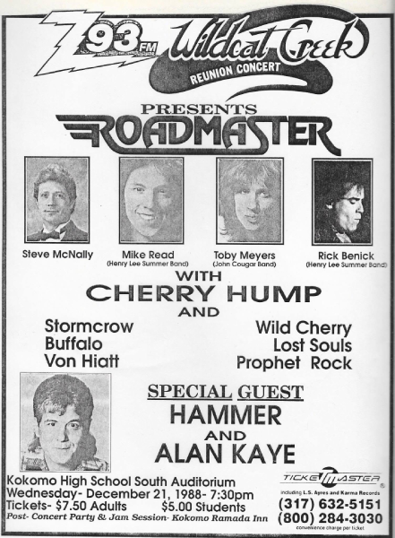 Poster for Z93’s Wildcat Creek Reunion Concert featuring Roadmaster, Cherry Hump and other Kokomo-area performers at Kokomo High School South Auditorium on December 21, 1988. Photo courtesy of Alan Kaye.